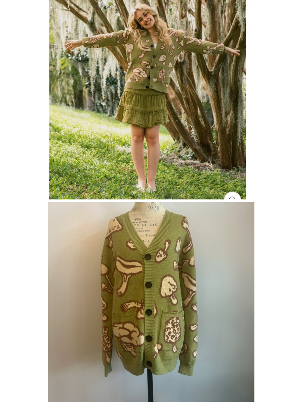 Steady Hands Foraging Buttons Cardigan S/M Mushroom Green Sweater